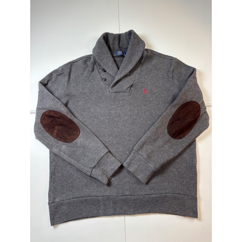 Polo Ralph Lauren Shawl Neck Sweater Mens Large Gray Suede Elbow Patch Pullover